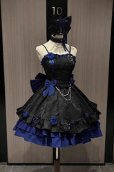 BXOXO - Black/Blue Print Ruffle Bowknot Gothic Princess Lolita Jsk Dress